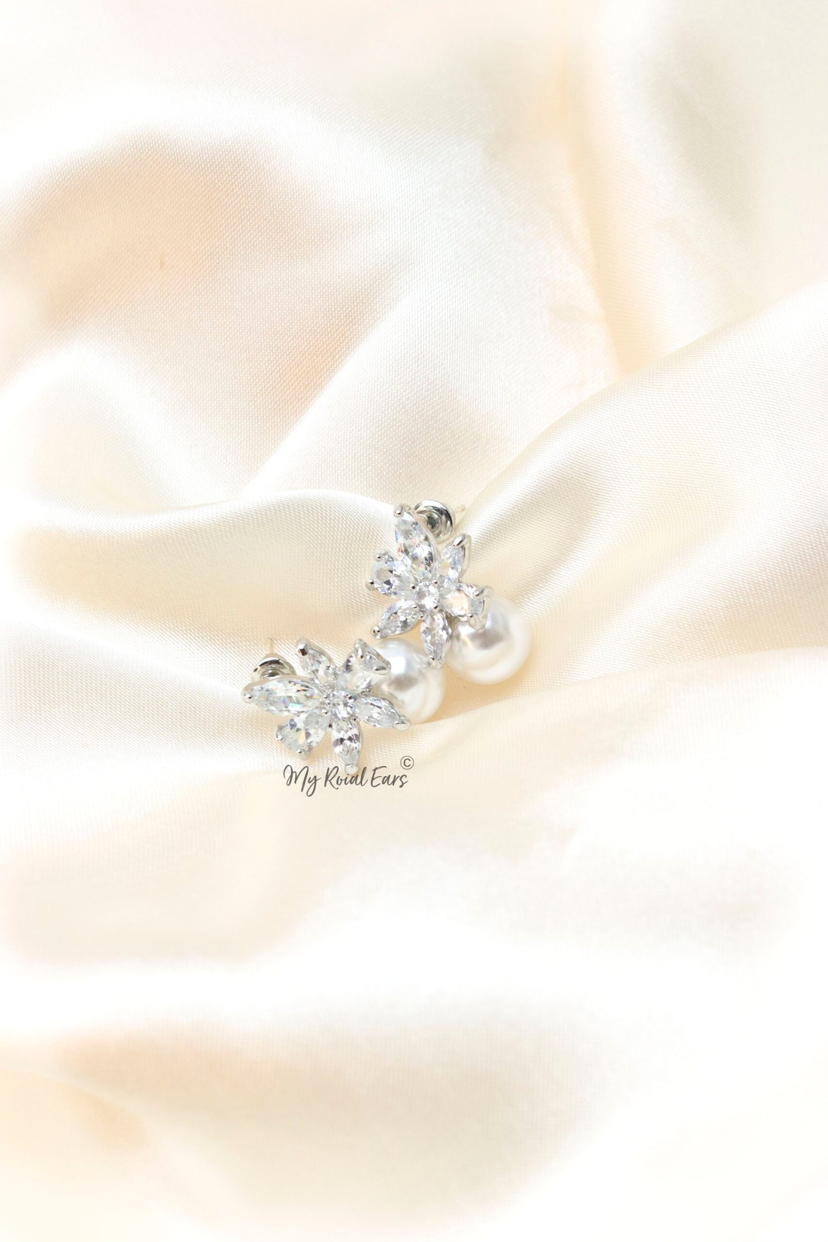 Q.Moria-Silver Plated Flower Crystal and Pearl Bridal Stud Earrings - Image 3