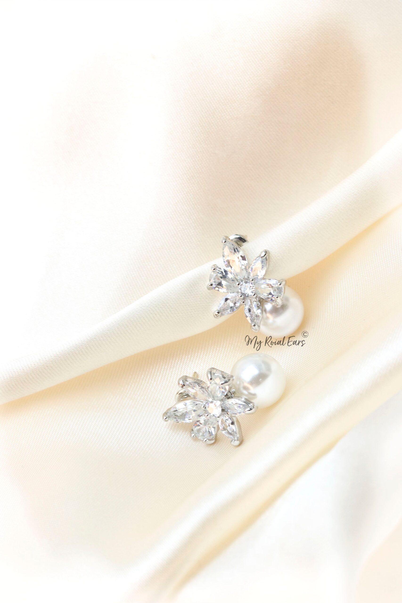 Q.Moria-Silver Plated Flower Crystal and Pearl Bridal Stud Earrings - Image 2
