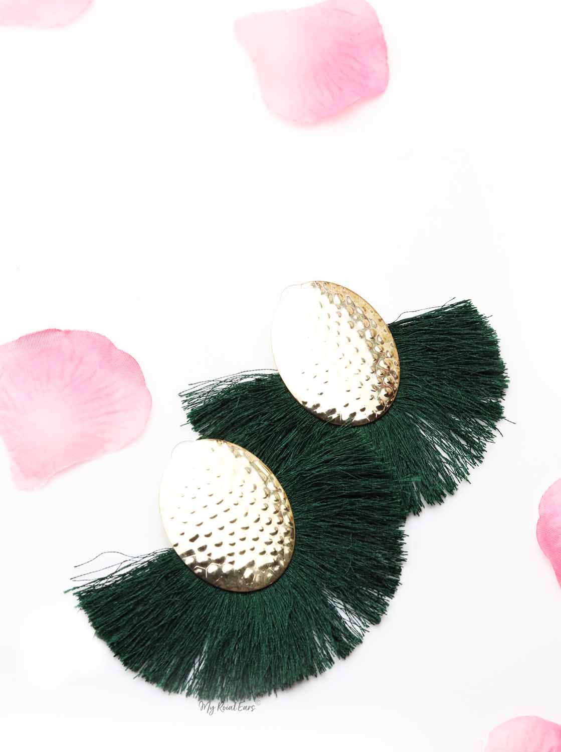 Blue Passion Green- golden egg shaped tassel earrings - My Roial Ears LTD