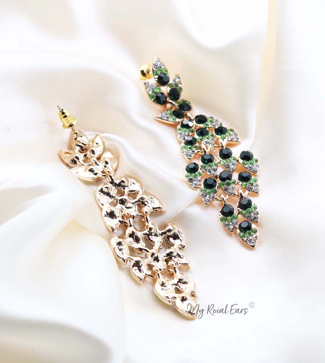 Q.PHILIPPA Green- peacock feather crystal bridal drop earrings - My Roial Ears LTD