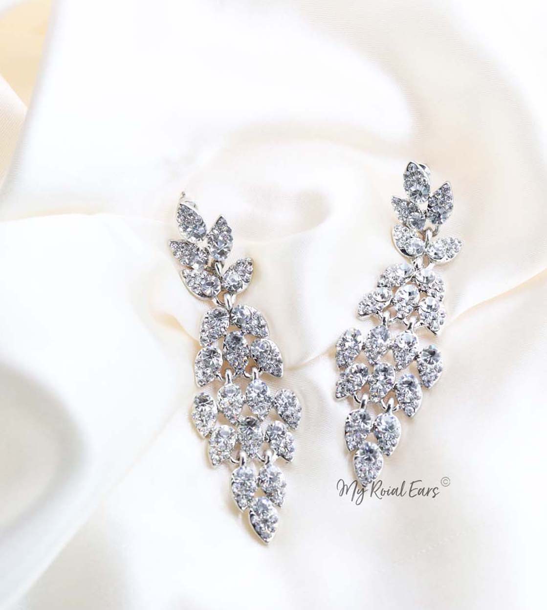 Q.PHILIPPA-peacock feather crystal bridal drop earrings - My Roial Ears LTD
