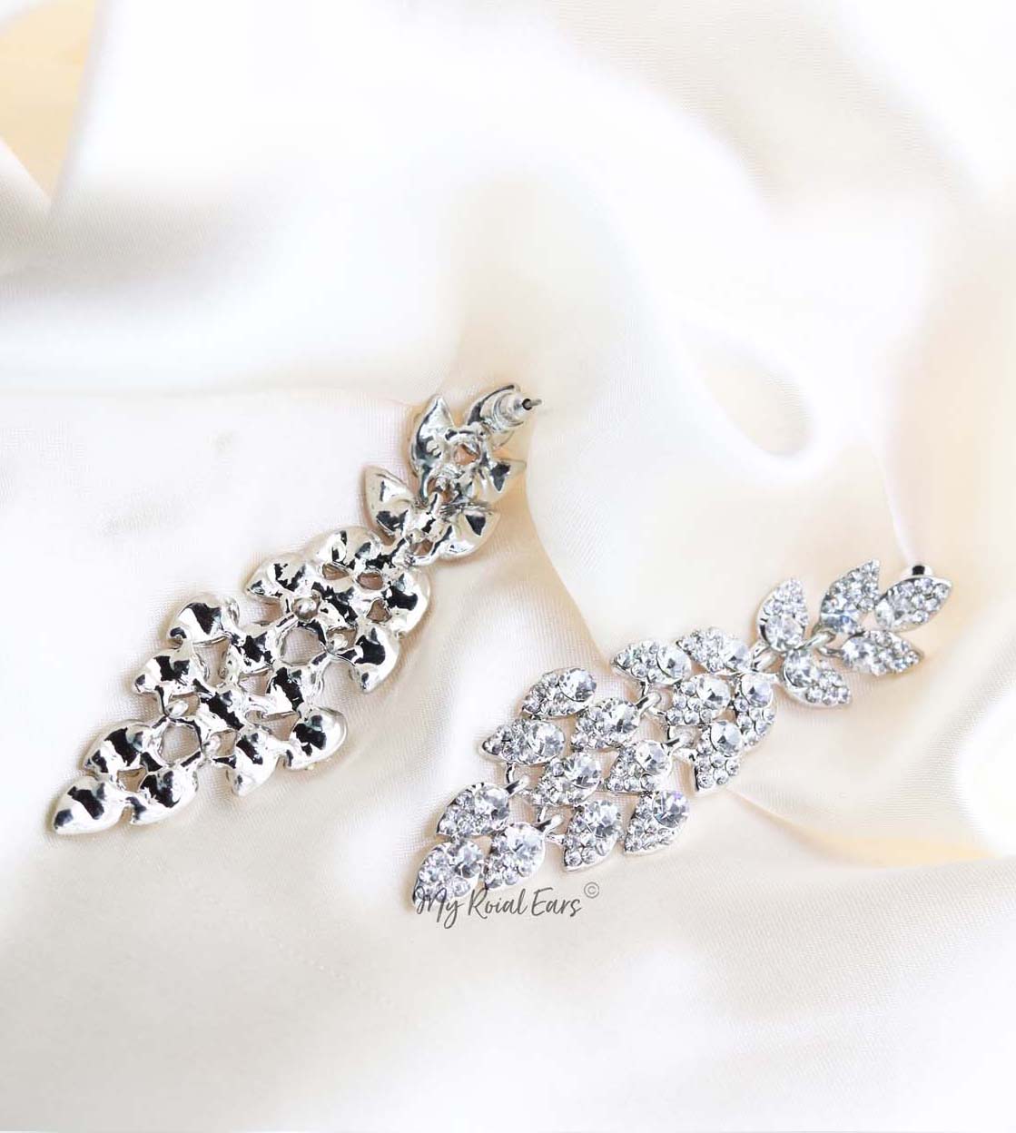 Q.PHILIPPA-peacock feather crystal bridal drop earrings - My Roial Ears LTD
