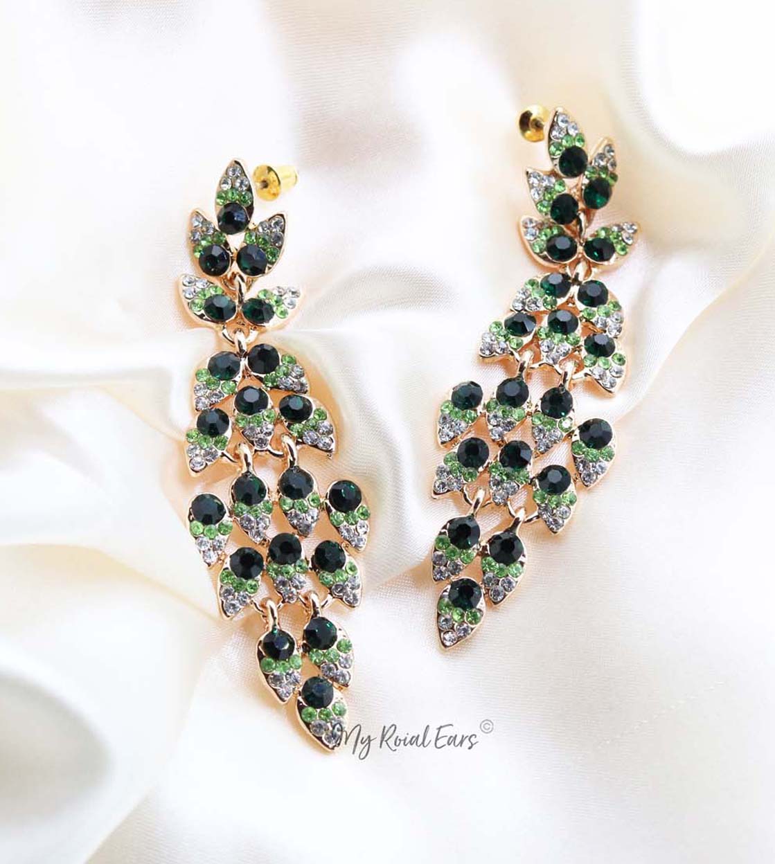 Q.PHILIPPA Green- peacock feather crystal bridal drop earrings - My Roial Ears LTD