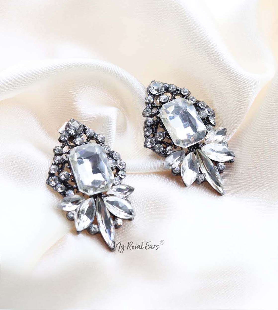 Q.QUINN-rhombus white glass crystal bridal stud earrings - My Roial Ears LTD