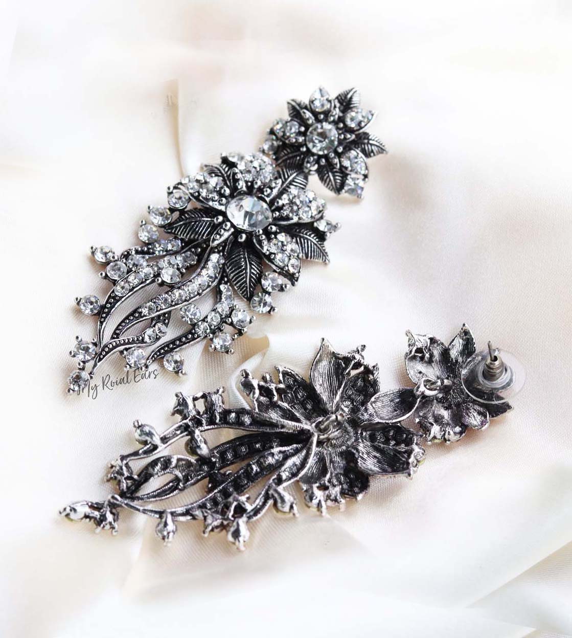 Q XENIA Silver-vintage baroque flower statement drop bridal earrings - My Roial Ears LTD