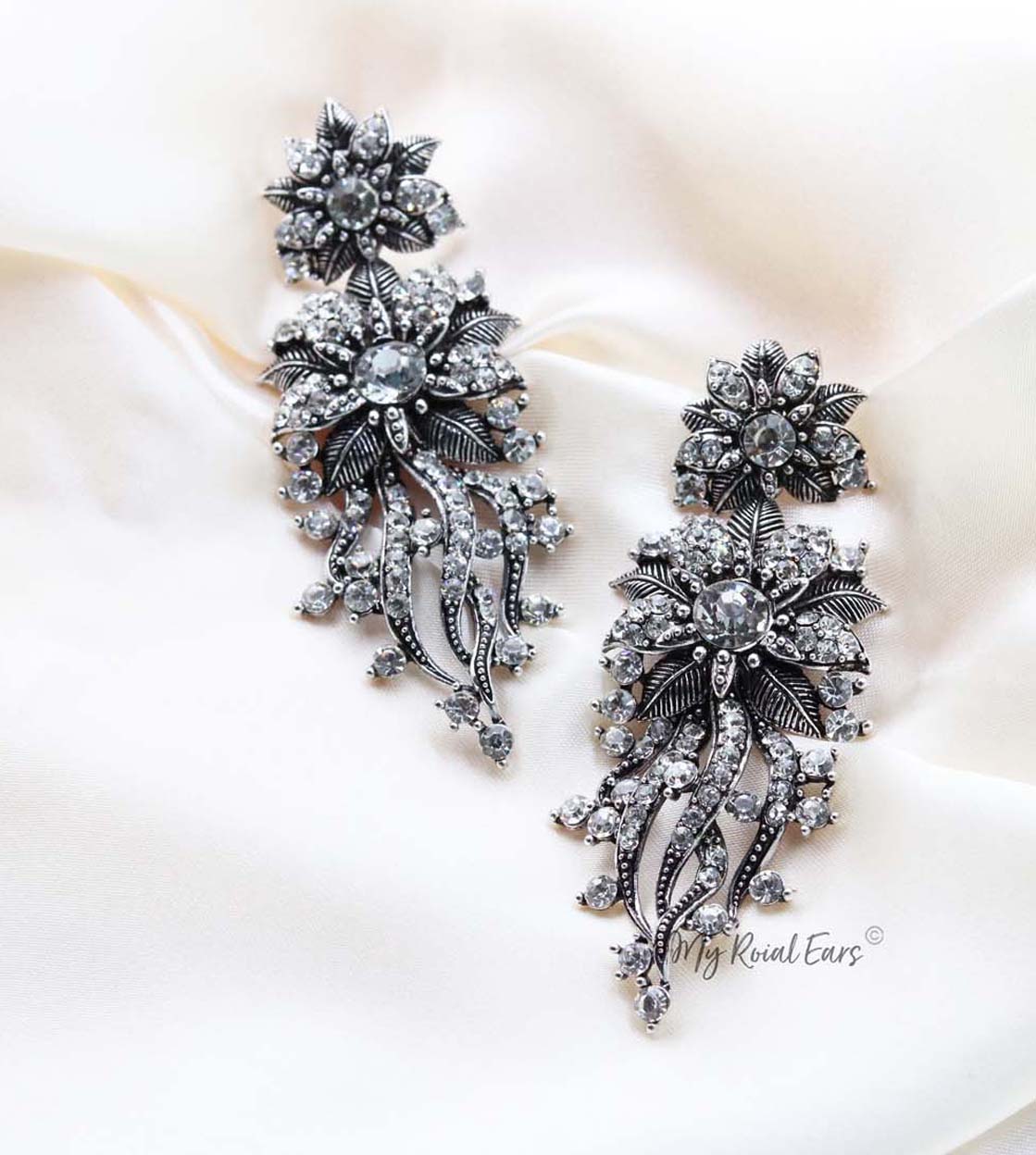 Q XENIA Silver-vintage baroque flower statement drop bridal earrings - My Roial Ears LTD