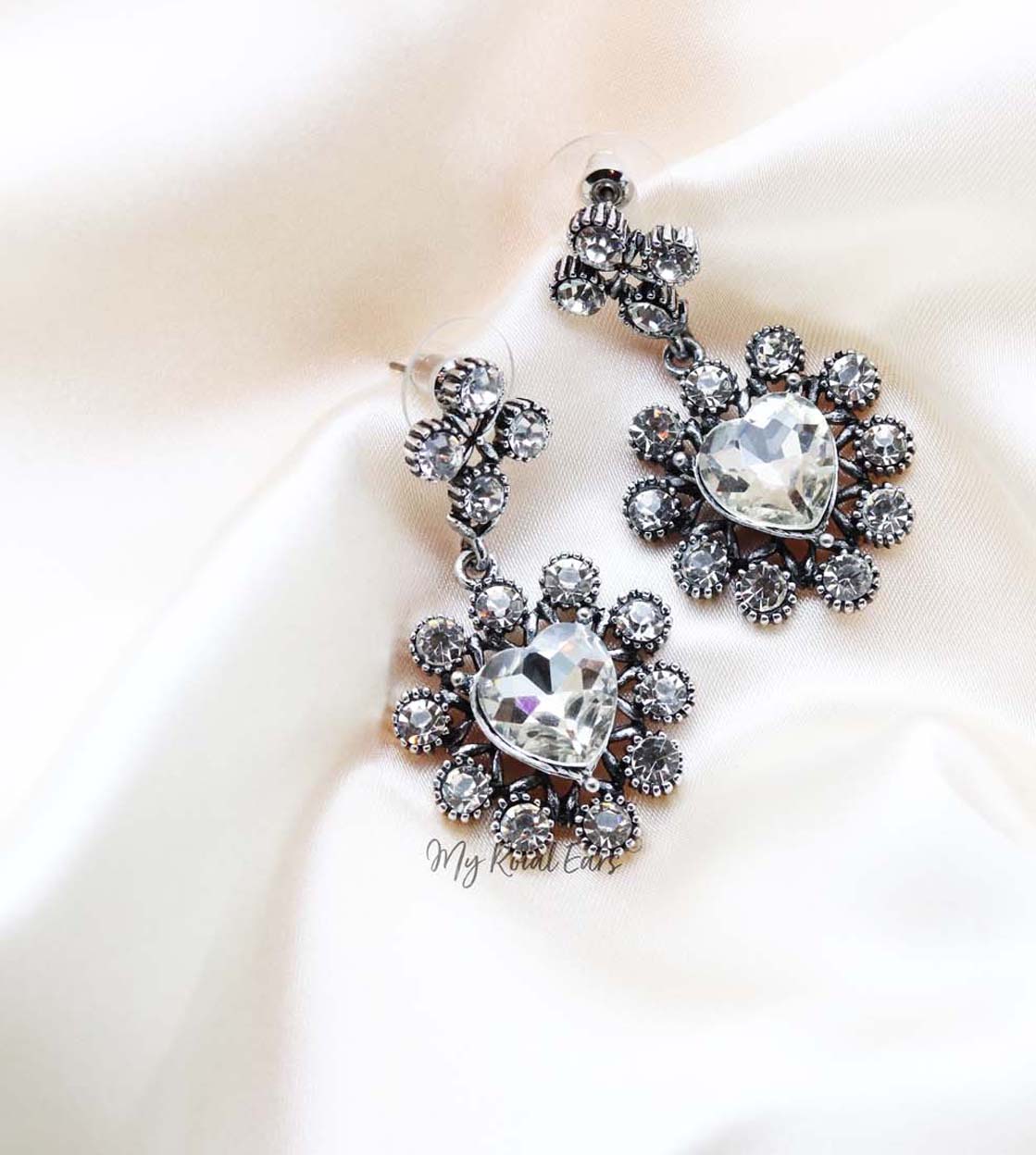 Q Kate -silver heart swarovski bridal drop earring - My Roial Ears LTD