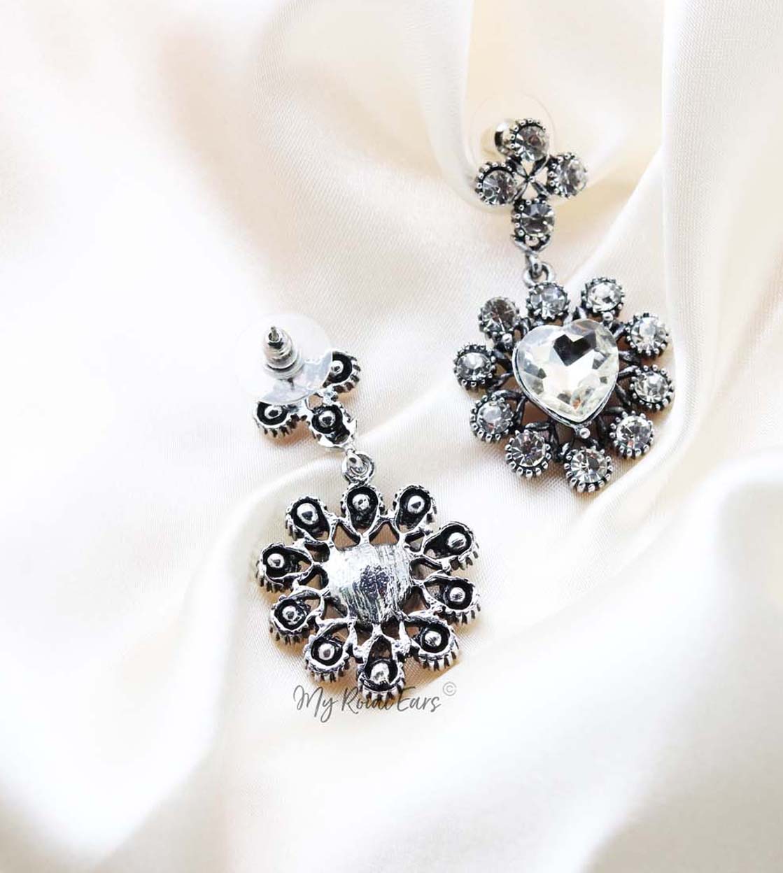 Q Kate -silver heart swarovski bridal drop earring - My Roial Ears LTD