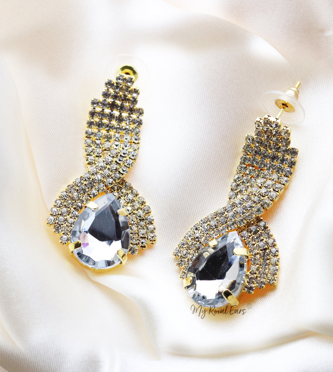 Q.Mia-luxurious gold-plated crystal stone drop bridal earrings - My Roial Ears LTD