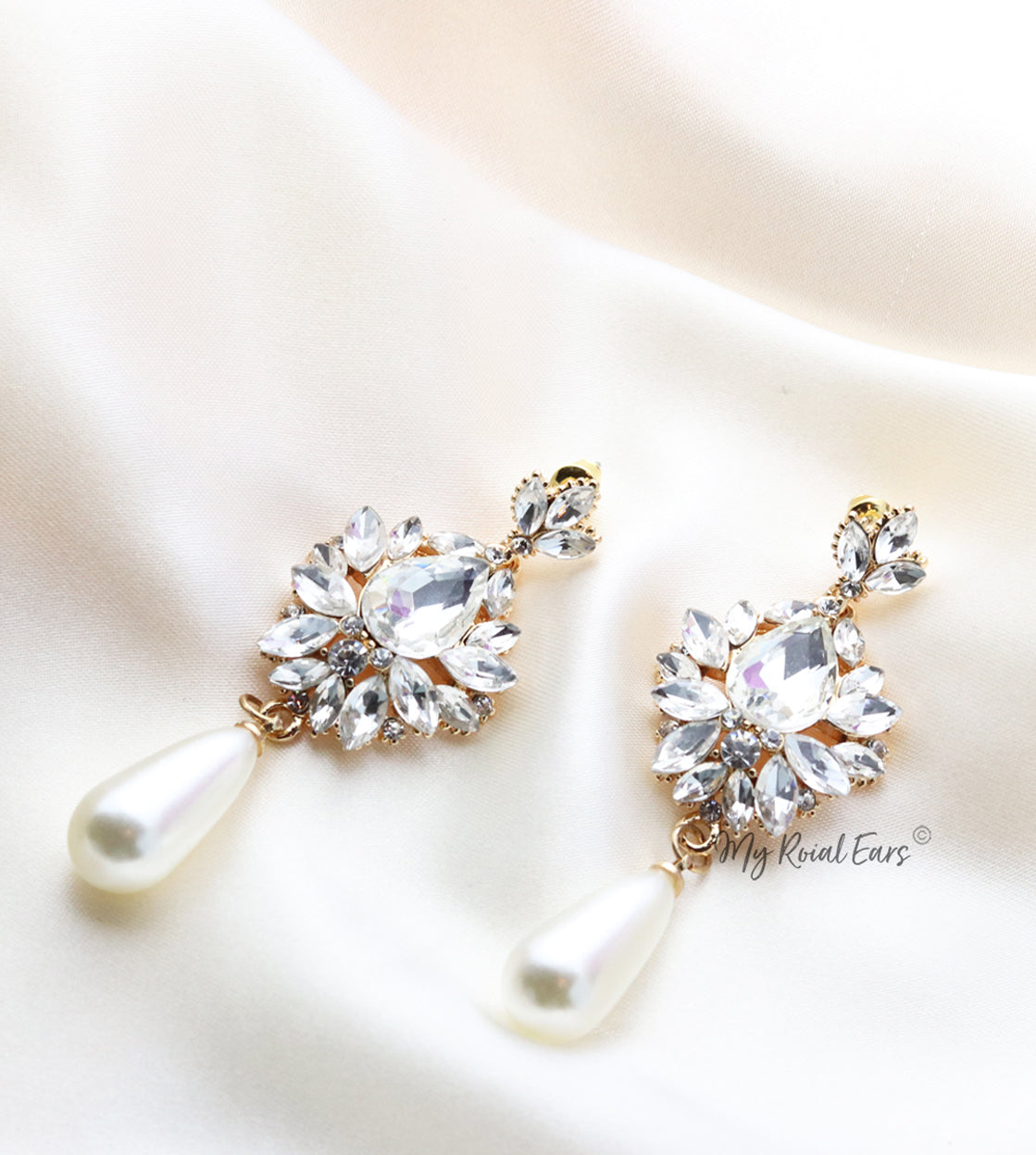 Q.Isobel-stone crystal luxe pearl like bridal drop earrings - My Roial Ears LTD