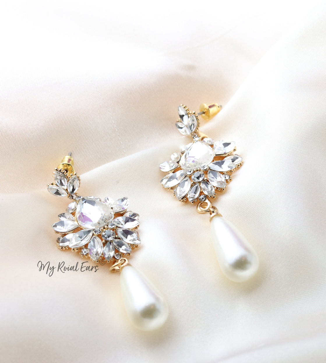 Q.Isobel-stone crystal luxe pearl like bridal drop earrings - My Roial Ears LTD