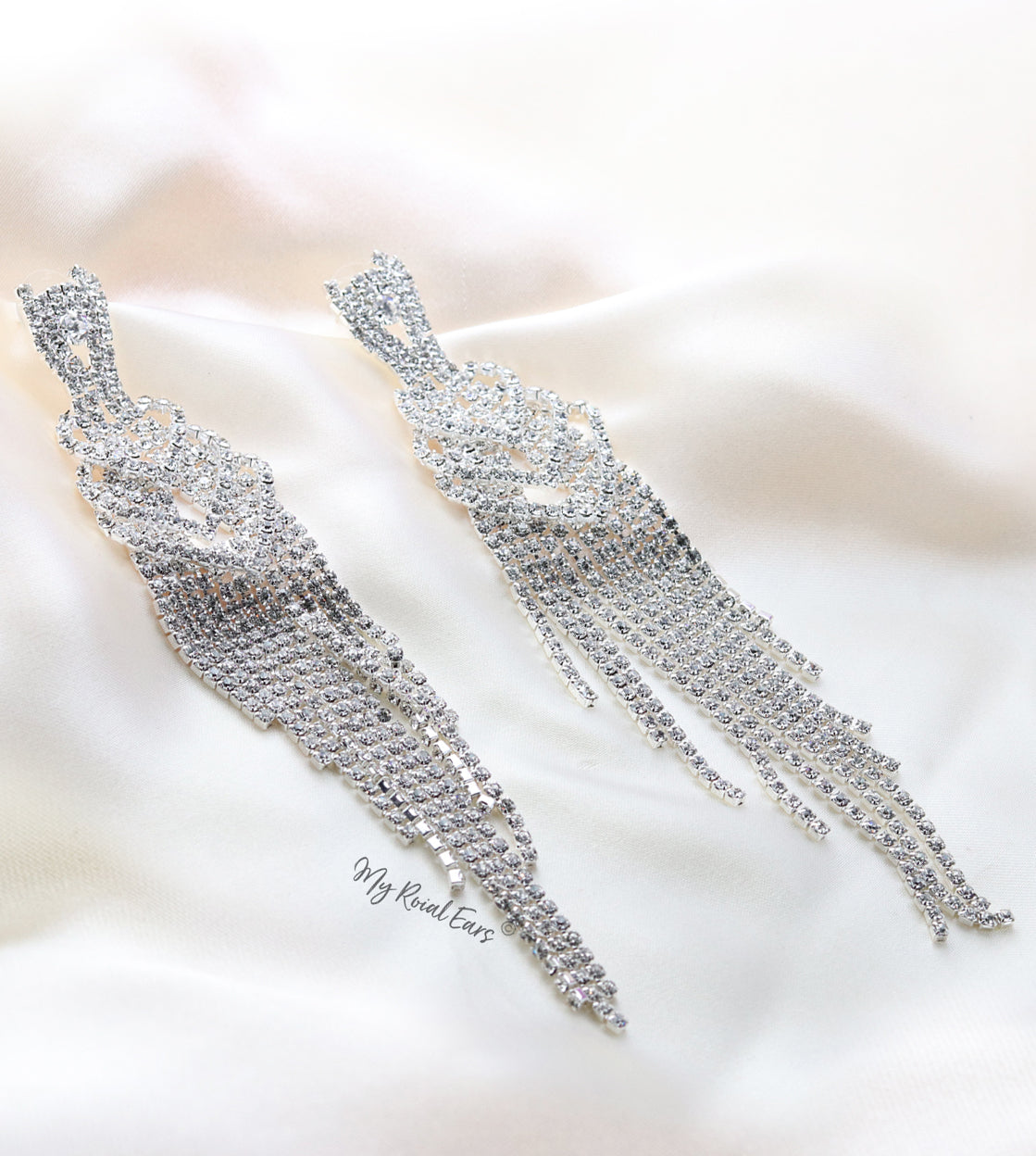 Q.Martha-long tassel rhinestone silver plated bridal statement earrings - My Roial Ears LTD
