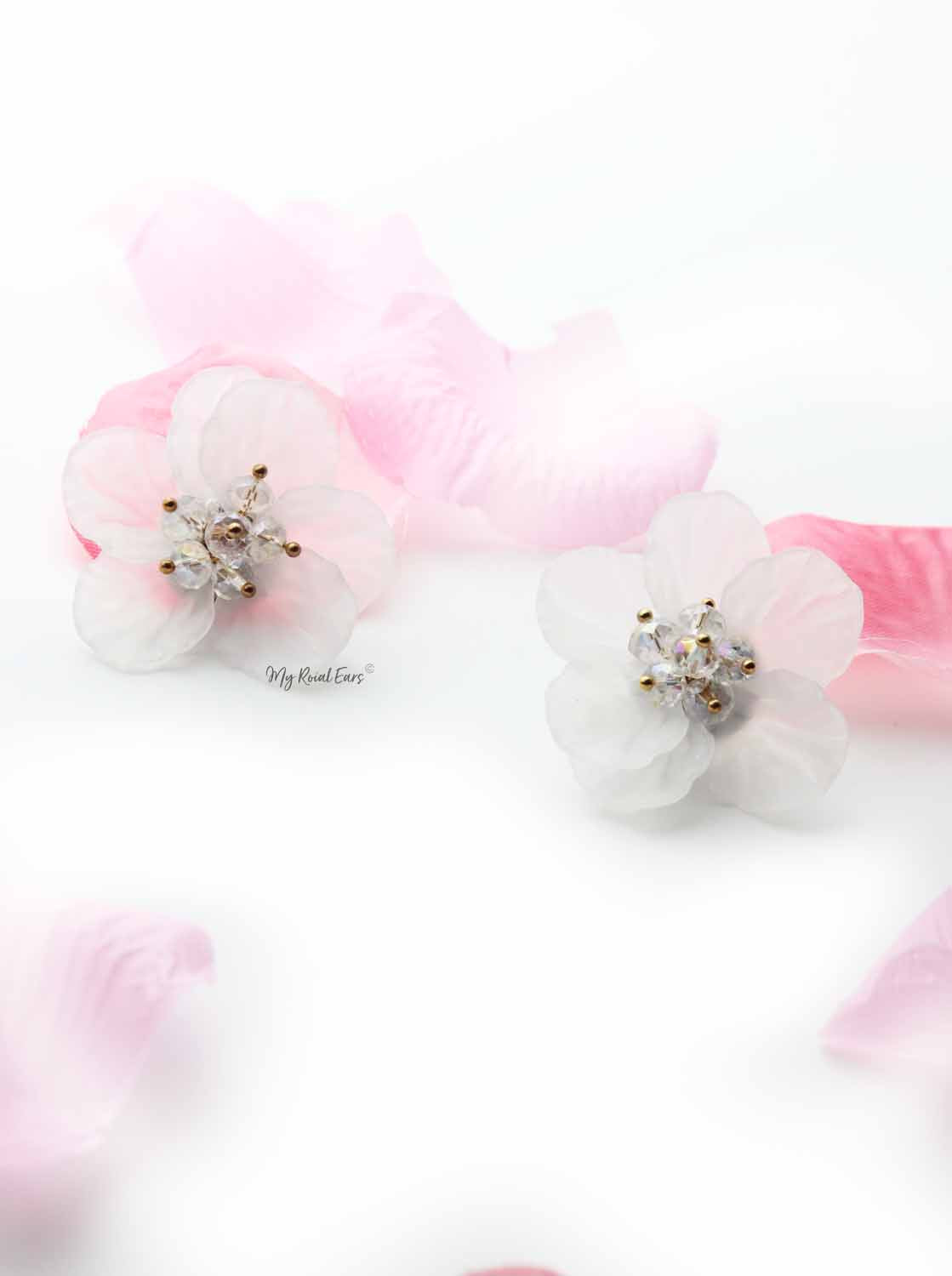 Iris White- hand-made, acrylic flower stud earrings - My Roial Ears LTD
