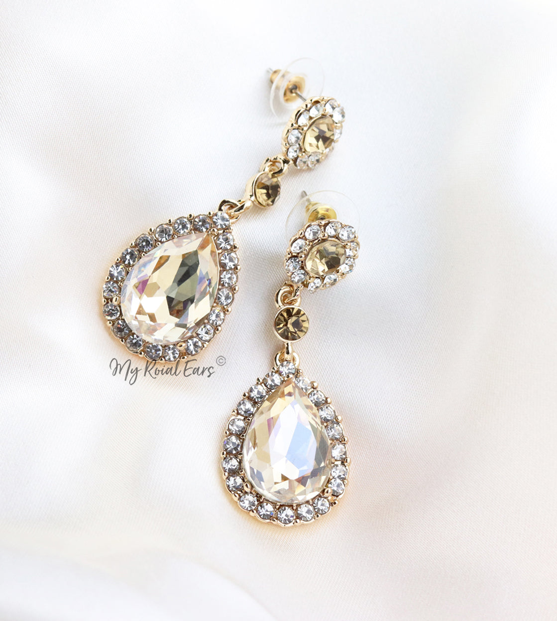 Q.Olivienne-classic luxury champagne gold drop bridal earrings - My Roial Ears LTD
