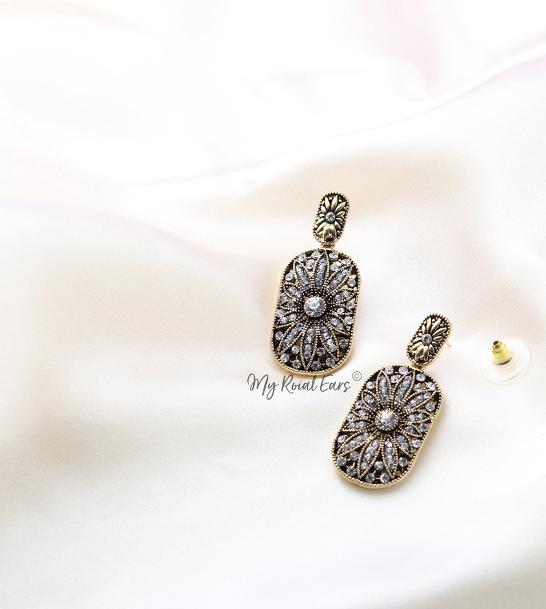 Q.Noor Silver-vintage antique gold dangle drop bridal earring - My Roial Ears LTD