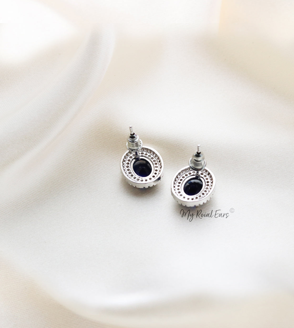 Q.Wanda Blue-platinum plated silver and sapphire blue stone inspired bridal stud earrings - My Roial Ears LTD