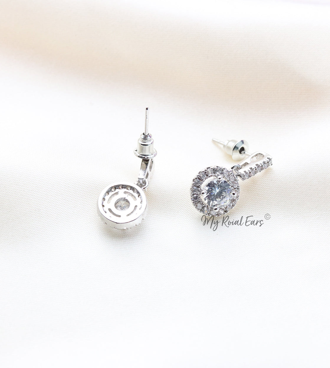 Q.Alexandra-round silver plated, aaa cubic zirconia stud drop bridal earrings - My Roial Ears LTD