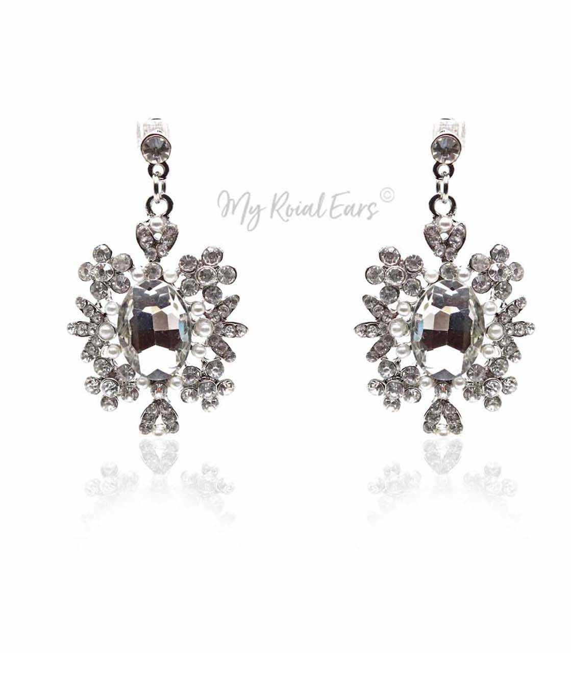 Q.GABRIELLA- clear glass pearl white bridal stud earrings - My Roial Ears LTD