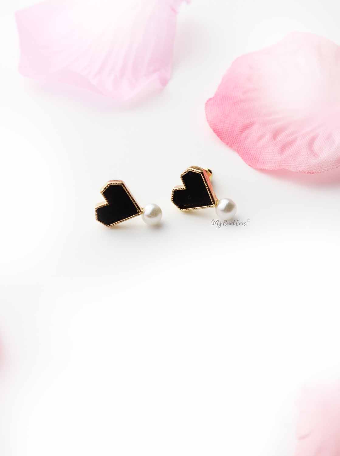 Tansy- gold plated black heart and pearl stud - My Roial Ears LTD