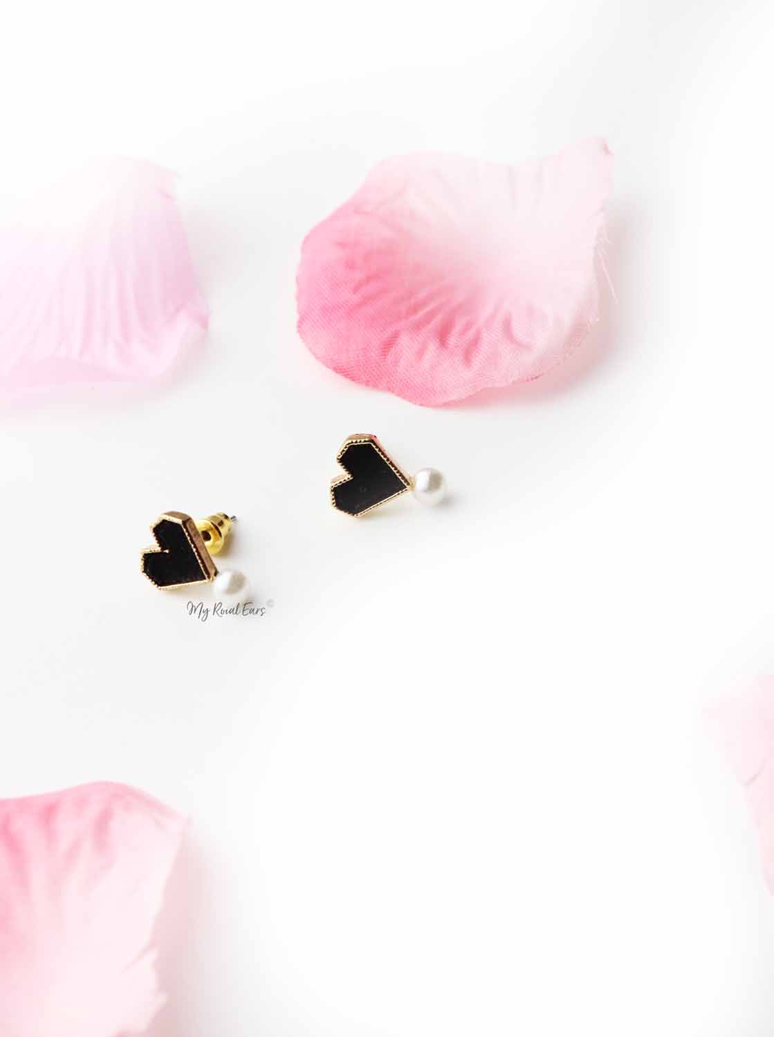 Tansy- gold plated black heart and pearl stud - My Roial Ears LTD