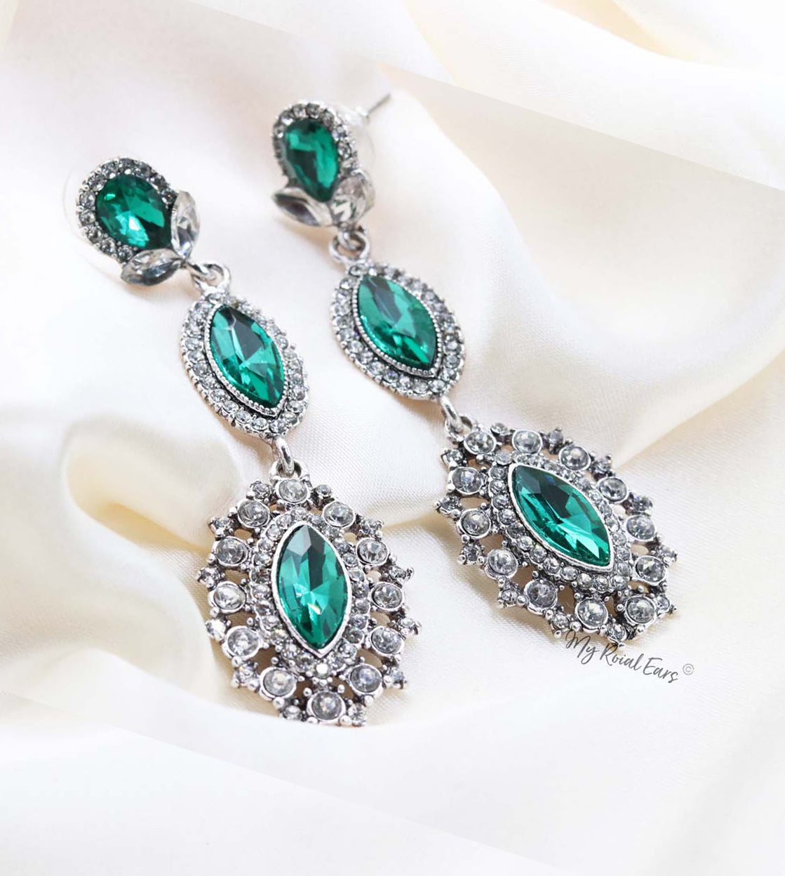 Q.ISABELLA- green crystal glass royal bridal drop earrings - My Roial Ears LTD