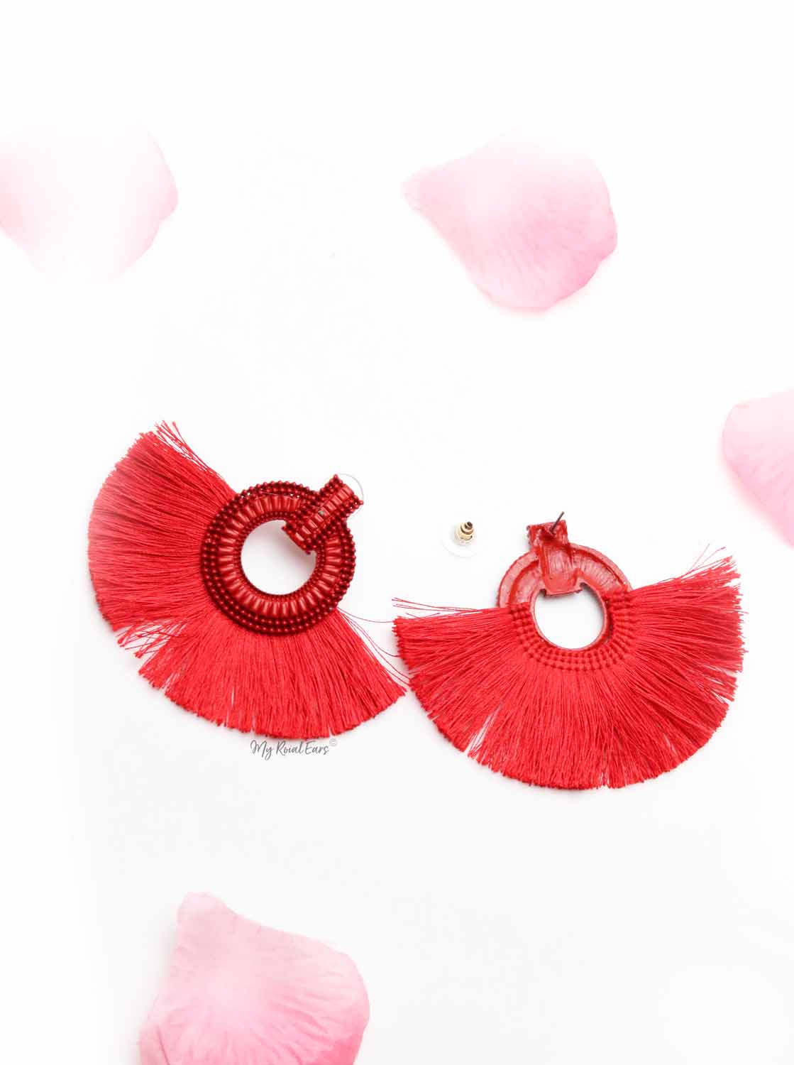 Caladium Red- fan shaped tassel earrings - My Roial Ears LTD