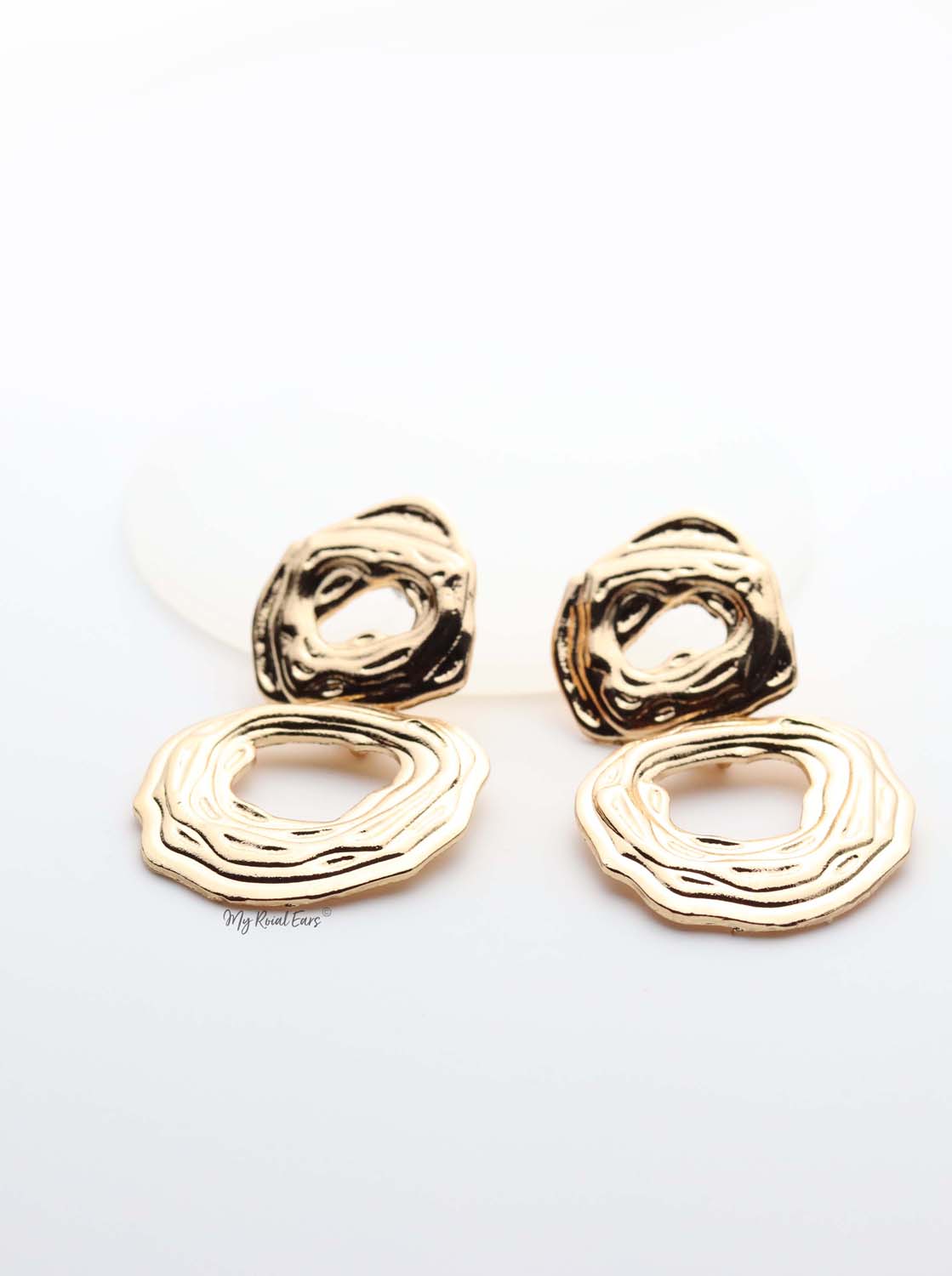 Clio- gold plated lined detailed double hoop drop earrings - My Roial Ears LTD