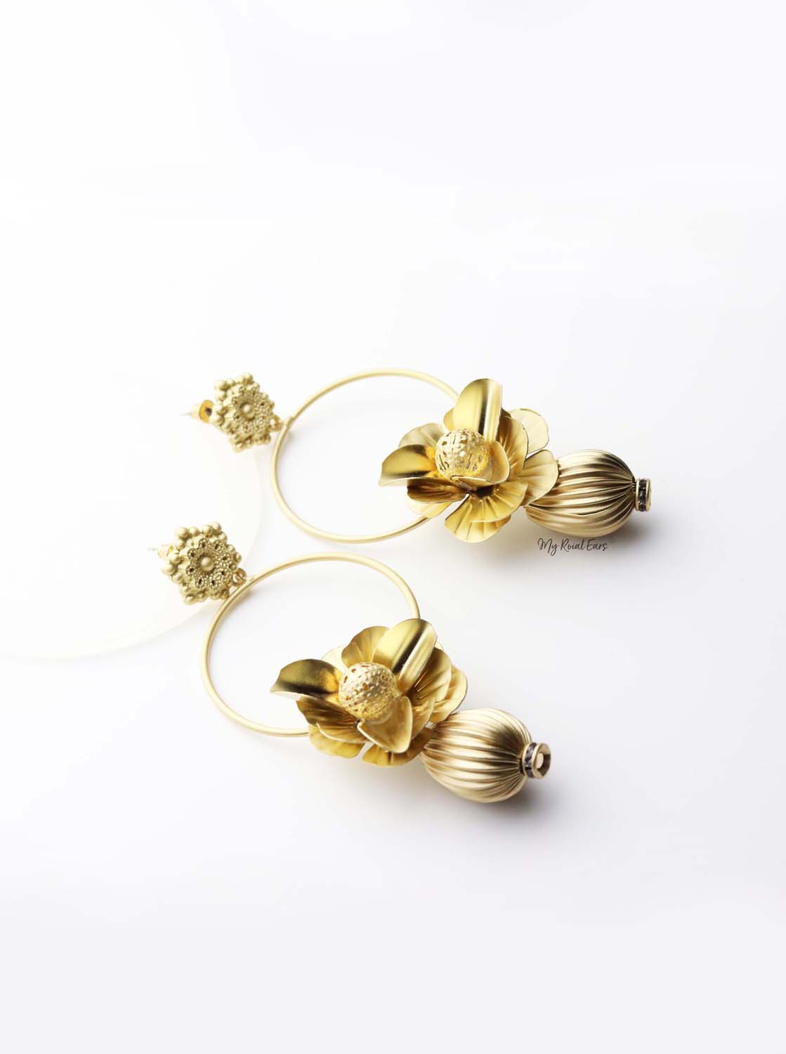 Iris- gold plated 3d floral hoop drop earrings - My Roial Ears LTD