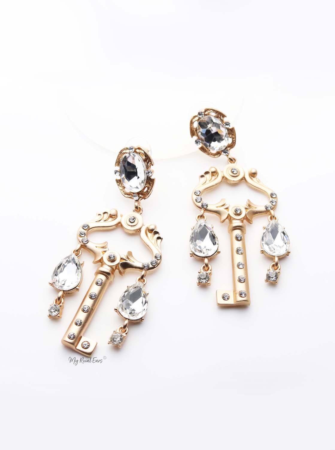 Hera- gold plated key crystal earrings - My Roial Ears LTD