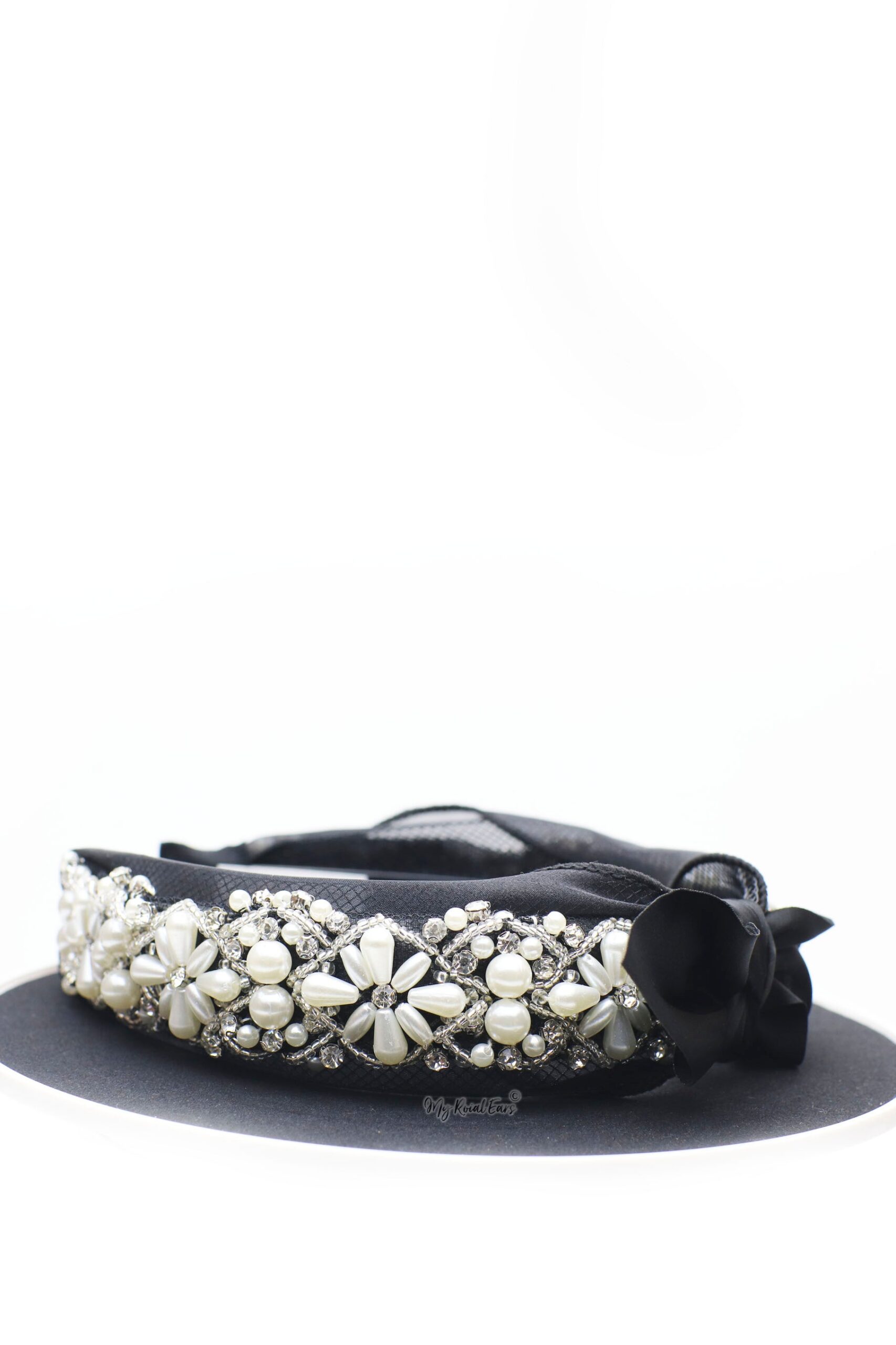 Queen Henrietta - black lace crystal knotted bow headband - My Roial Ears LTD