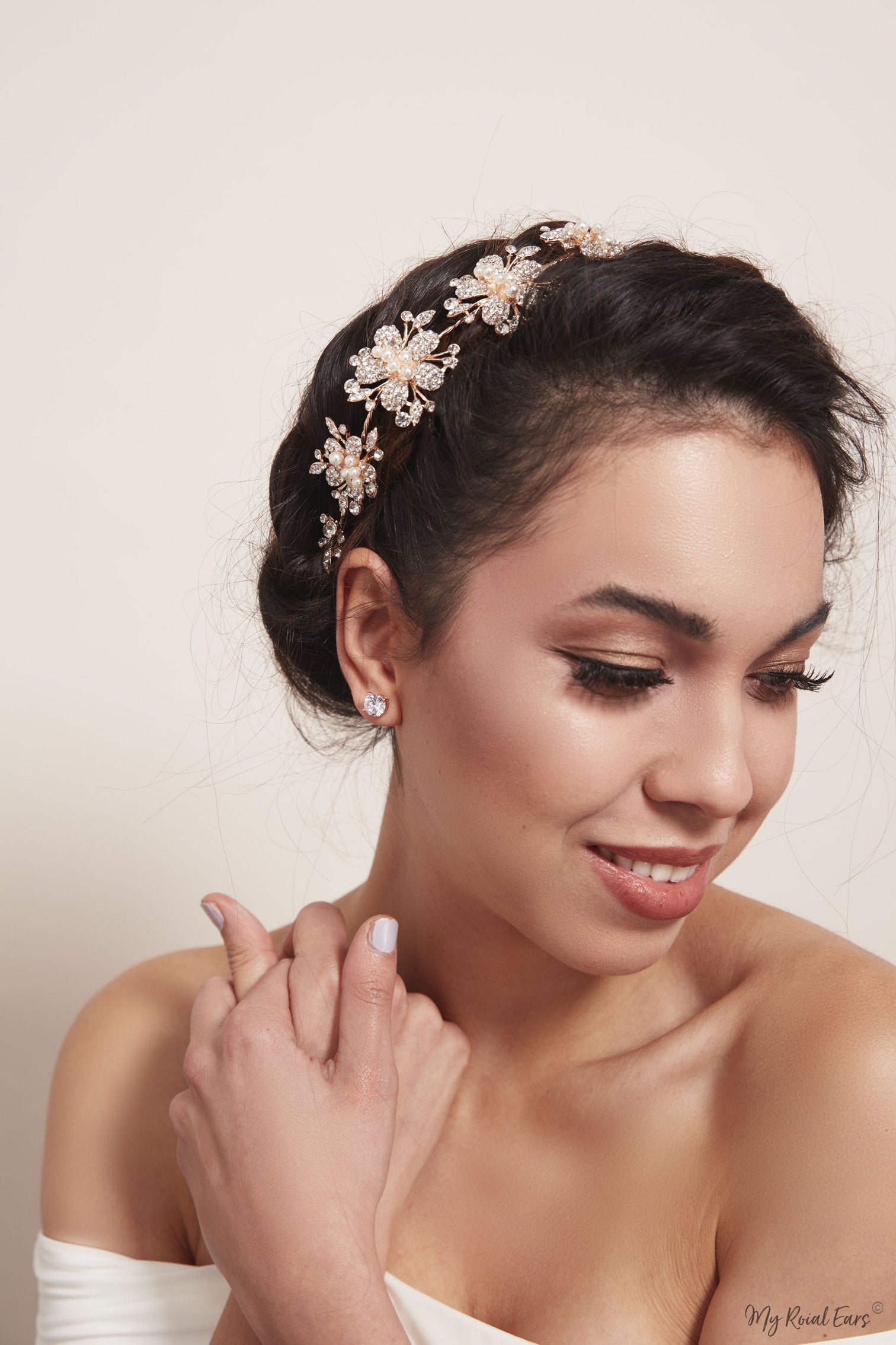 Queen Marcia- rose gold floral pearl crystal headband - Image 10
