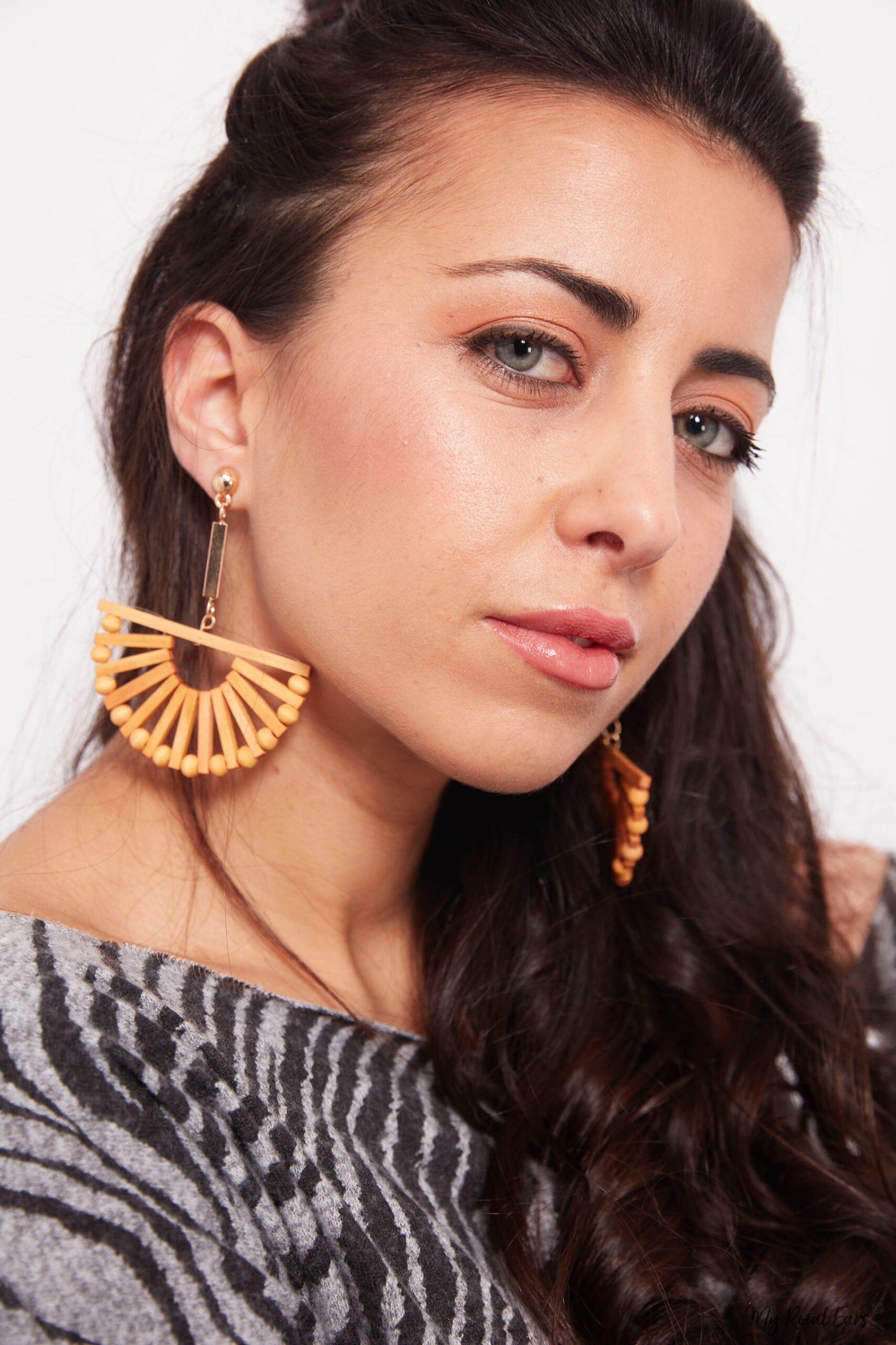 Decorative Dahlia-wooden fan shaped earrings - My Roial Ears LTD