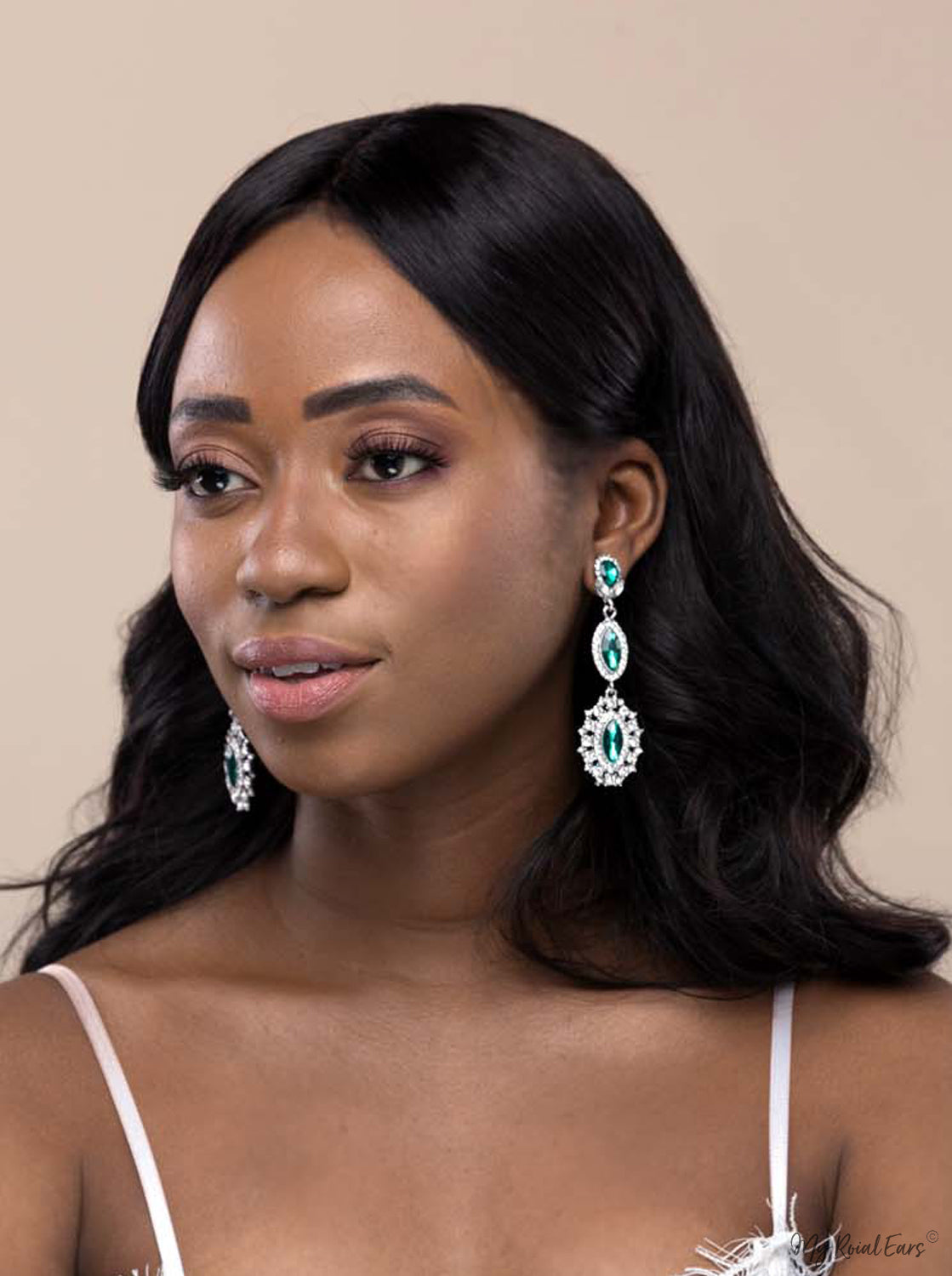 Q.ISABELLA- green crystal glass royal bridal drop earrings - My Roial Ears LTD