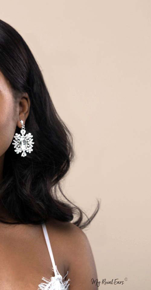 Q.GABRIELLA- clear glass pearl white bridal stud earrings - My Roial Ears LTD