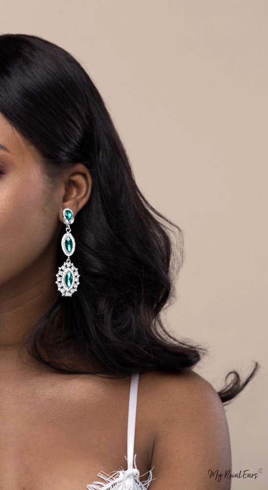 Q.ISABELLA- green crystal glass royal bridal drop earrings - My Roial Ears LTD