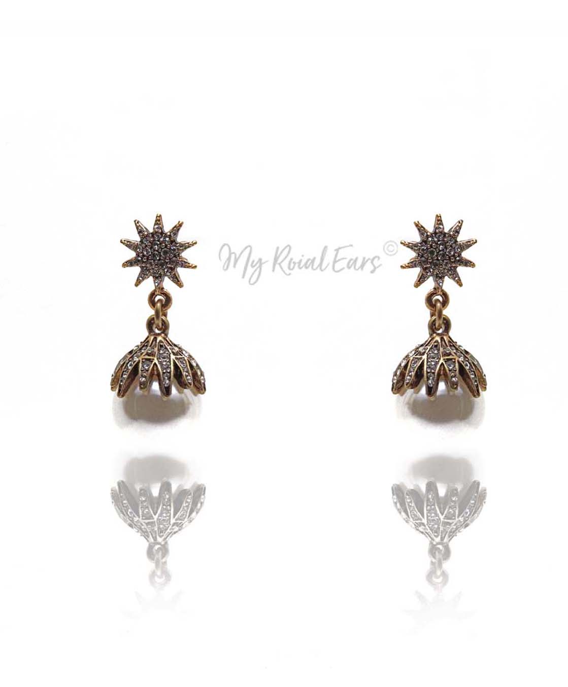 Q.ZARA-pearl antique gold rhinestone bridal drop earrings - My Roial Ears LTD