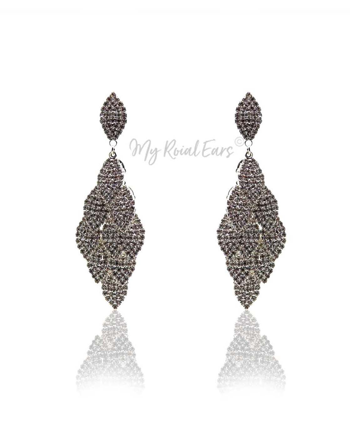 Q.Eloise-silver leaf shaped rhinestone bridal splendor earrings - My Roial Ears LTD