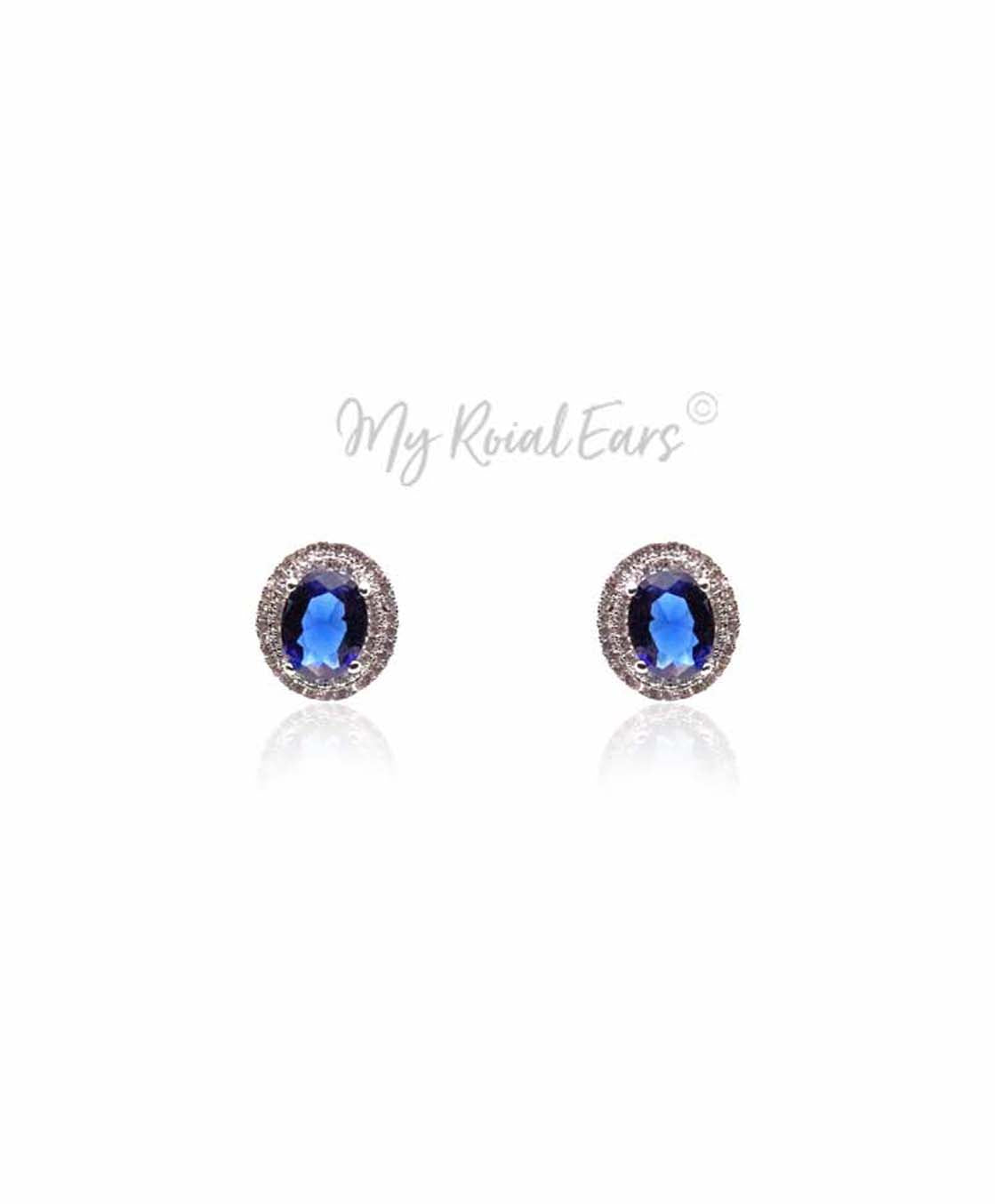 Q.Wanda Blue-platinum plated silver and sapphire blue stone inspired bridal stud earrings - My Roial Ears LTD