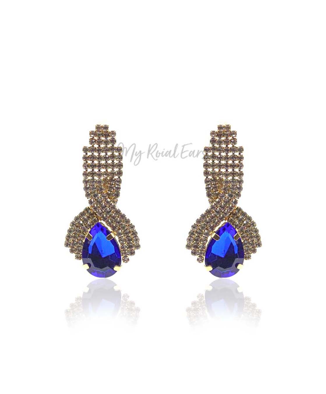 Q Mia Deep Blue-luxurious gold-plated crystal stone drop bridal earrings - My Roial Ears LTD